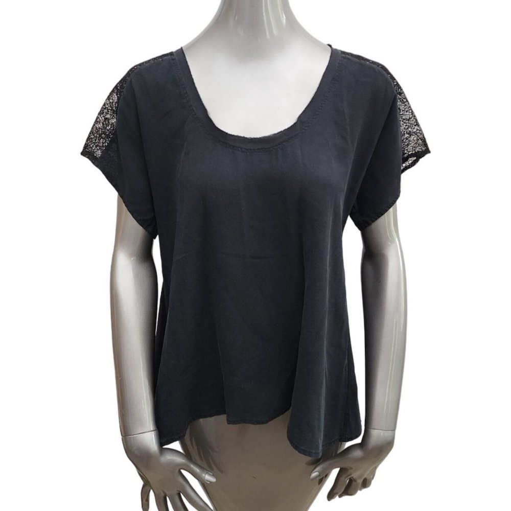 Ulla Johnson Silk Black Top Lace Shoulder solid Shirt Blouse 4